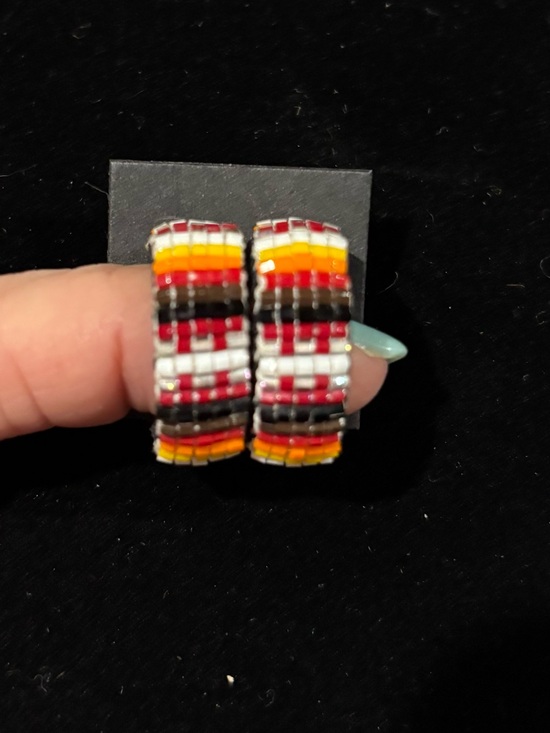 Navajo Jewelry - Colorful Seed Bead Hoop Earrings - Red, Yellow, White, Black